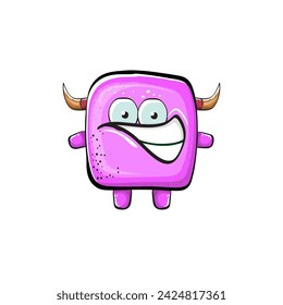 Vector cartoon funny pink monster with horn isolated on white background. Smiling silly pink monster print sticker design template. Ghost, troll, gremlin, goblin, devil and monster