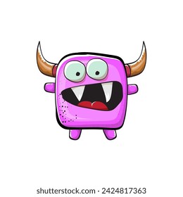 Vector cartoon funny pink monster with horn isolated on white background. Smiling silly pink monster print sticker design template. Ghost, troll, gremlin, goblin, devil and monster