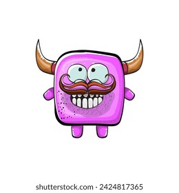 Vector cartoon funny pink monster with horn isolated on white background. Smiling silly pink monster print sticker design template. Ghost, troll, gremlin, goblin, devil and monster