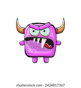 Vector cartoon funny pink monster with horn isolated on white background. Smiling silly pink monster print sticker design template. Ghost, troll, gremlin, goblin, devil and monster