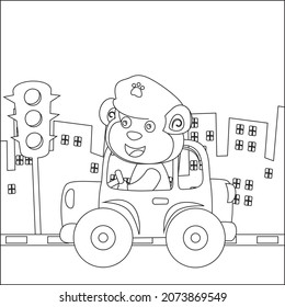 Vector cartoon of funny police patrol monkey driving car in the road. Childish design for kids activity colouring book or page.