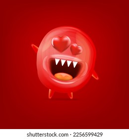 Vector cartoon funny red christmas monster with heart eyes isolated on red background. Silly monster print sticker design template. Cute Ghost, troll, gremlin, goblin, devil and halloween monster