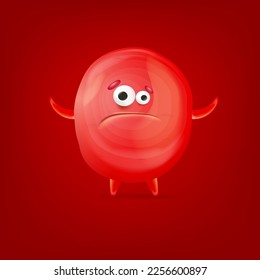 Vector cartoon funny red christmas monster isolated on red background. Sad silly red monster print sticker design template. Cute sad Ghost, troll, gremlin, goblin, devil and halloween monster