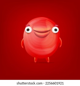 Vector cartoon funny red christmas monster isolated on red background. Smiling silly red monster print sticker design template. Cute Ghost, troll, gremlin, goblin, devil and halloween monster