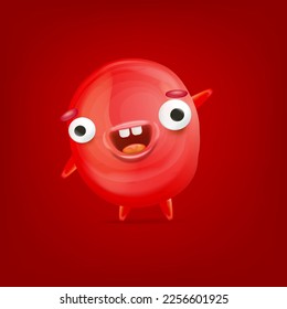Vector cartoon funny red christmas monster isolated on red background. Smiling silly red monster print sticker design template. Cute Ghost, troll, gremlin, goblin, devil and halloween monster