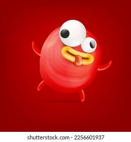 Vector cartoon funny red christmas monster isolated on red background. Smiling silly red monster print sticker design template. Cute Ghost, troll, gremlin, goblin, devil and halloween monster