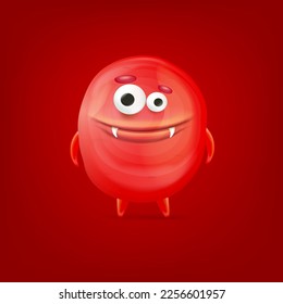 Vector cartoon funny red christmas monster isolated on red background. Smiling silly red monster print sticker design template. Cute Ghost, troll, gremlin, goblin, devil and halloween monster