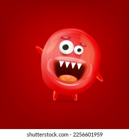Vector cartoon funny red christmas monster isolated on red background. Smiling silly red monster print sticker design template. Cute Ghost, troll, gremlin, goblin, devil and halloween monster