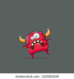 Vector cartoon funny red monster with horn isolated on grey background. Smiling silly blue monster print sticker design template. Ghost, troll, gremlin, goblin, devil and monster