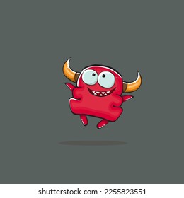 Vector cartoon funny red monster with horn isolated on grey background. Smiling silly blue monster print sticker design template. Ghost, troll, gremlin, goblin, devil and monster