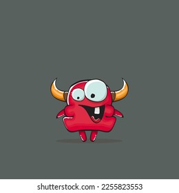 Vector cartoon funny red monster with horn isolated on grey background. Smiling silly blue monster print sticker design template. Ghost, troll, gremlin, goblin, devil and monster