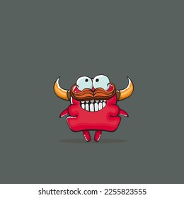 Vector cartoon funny red monster with horn isolated on grey background. Smiling silly blue monster print sticker design template. Ghost, troll, gremlin, goblin, devil and monster