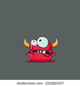 Vector cartoon funny red monster with horn isolated on grey background. Smiling silly blue monster print sticker design template. Ghost, troll, gremlin, goblin, devil and monster