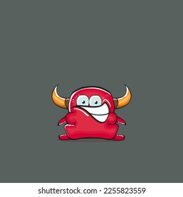 Vector cartoon funny red monster with horn isolated on grey background. Smiling silly blue monster print sticker design template. Ghost, troll, gremlin, goblin, devil and monster