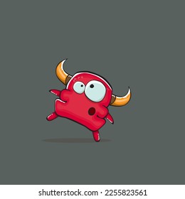 Vector cartoon funny red monster with horn isolated on grey background. Smiling silly blue monster print sticker design template. Ghost, troll, gremlin, goblin, devil and monster