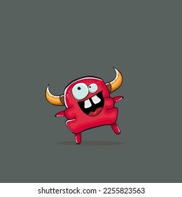 Vector cartoon funny red monster with horn isolated on grey background. Smiling silly blue monster print sticker design template. Ghost, troll, gremlin, goblin, devil and monster