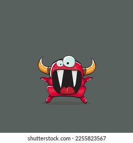 Vector cartoon funny red monster with horn isolated on grey background. Smiling silly blue monster print sticker design template. Ghost, troll, gremlin, goblin, devil and monster