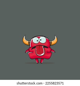 Vector cartoon funny red monster with horn isolated on grey background. Smiling silly blue monster print sticker design template. Ghost, troll, gremlin, goblin, devil and monster