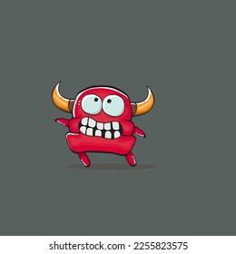 Vector cartoon funny red monster with horn isolated on grey background. Smiling silly blue monster print sticker design template. Ghost, troll, gremlin, goblin, devil and monster