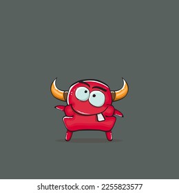 Vector cartoon funny red monster with horn isolated on grey background. Smiling silly blue monster print sticker design template. Ghost, troll, gremlin, goblin, devil and monster