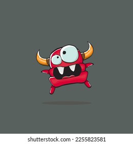 Vector cartoon funny red monster with horn isolated on grey background. Smiling silly blue monster print sticker design template. Ghost, troll, gremlin, goblin, devil and monster