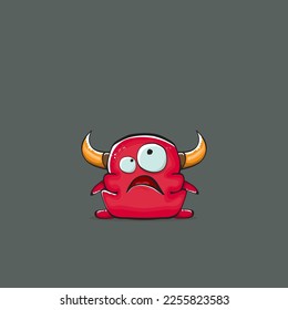 Vector cartoon funny red monster with horn isolated on grey background. Smiling silly blue monster print sticker design template. Ghost, troll, gremlin, goblin, devil and monster