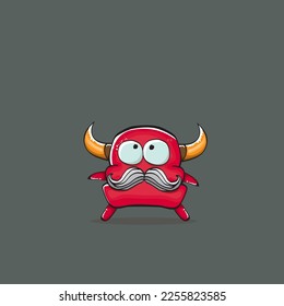 Vector cartoon funny red monster with horn isolated on grey background. Smiling silly blue monster print sticker design template. Ghost, troll, gremlin, goblin, devil and monster