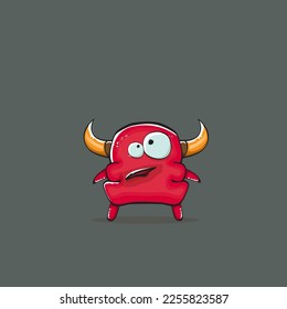 Vector cartoon funny red monster with horn isolated on grey background. Smiling silly blue monster print sticker design template. Ghost, troll, gremlin, goblin, devil and monster