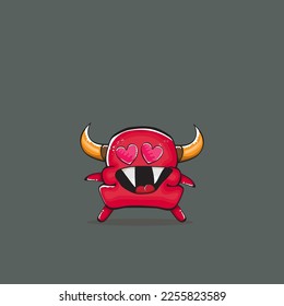 Vector cartoon funny red monster with horn isolated on grey background. Smiling silly blue monster print sticker design template. Ghost, troll, gremlin, goblin, devil and monster