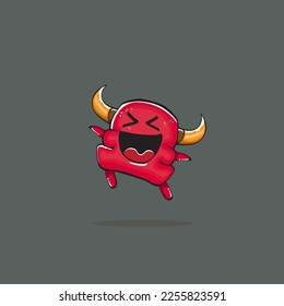 Vector cartoon funny red monster with horn isolated on grey background. Smiling silly blue monster print sticker design template. Ghost, troll, gremlin, goblin, devil and monster