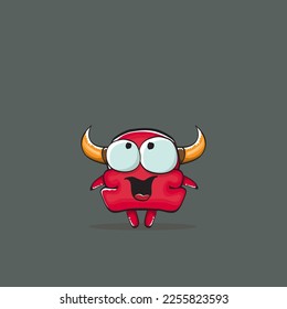 Vector cartoon funny red monster with horn isolated on grey background. Smiling silly blue monster print sticker design template. Ghost, troll, gremlin, goblin, devil and monster