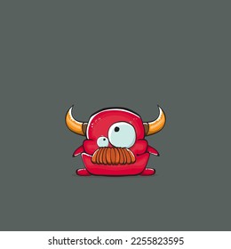 Vector cartoon funny red monster with horn isolated on grey background. Smiling silly blue monster print sticker design template. Ghost, troll, gremlin, goblin, devil and monster