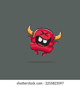 Vector cartoon funny red monster with horn isolated on grey background. Smiling silly blue monster print sticker design template. Ghost, troll, gremlin, goblin, devil and monster