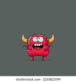 Vector cartoon funny red monster with horn isolated on grey background. Smiling silly blue monster print sticker design template. Ghost, troll, gremlin, goblin, devil and monster