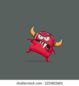 Vector cartoon funny red monster with horn isolated on grey background. Smiling silly blue monster print sticker design template. Ghost, troll, gremlin, goblin, devil and monster