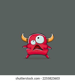 Vector cartoon funny red monster with horn isolated on grey background. Smiling silly blue monster print sticker design template. Ghost, troll, gremlin, goblin, devil and monster