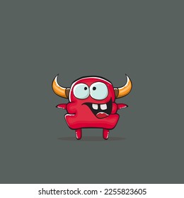 Vector cartoon funny red monster with horn isolated on grey background. Smiling silly blue monster print sticker design template. Ghost, troll, gremlin, goblin, devil and monster