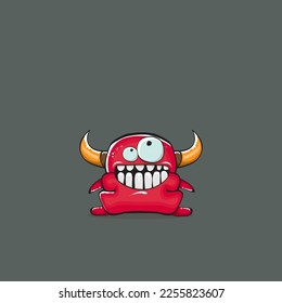 Vector cartoon funny red monster with horn isolated on grey background. Smiling silly blue monster print sticker design template. Ghost, troll, gremlin, goblin, devil and monster