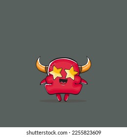 Vector cartoon funny red monster with horn isolated on grey background. Smiling silly blue monster print sticker design template. Ghost, troll, gremlin, goblin, devil and monster