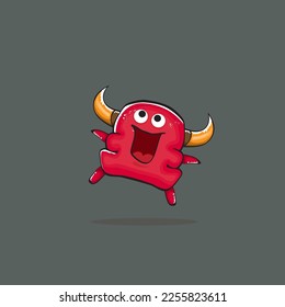 Vector cartoon funny red monster with horn isolated on grey background. Smiling silly blue monster print sticker design template. Ghost, troll, gremlin, goblin, devil and monster