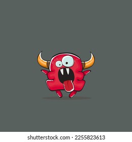 Vector cartoon funny red monster with horn isolated on grey background. Smiling silly blue monster print sticker design template. Ghost, troll, gremlin, goblin, devil and monster