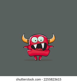 Vector cartoon funny red monster with horn isolated on grey background. Smiling silly blue monster print sticker design template. Ghost, troll, gremlin, goblin, devil and monster