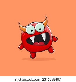 Vector cartoon funny red monster with horn isolated on orange background. Smiling silly blue funky monster print sticker design template. Pink Ghost, troll, gremlin, goblin, devil and monster