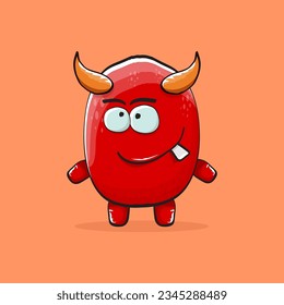 Vector cartoon funny red monster with horn isolated on orange background. Smiling silly blue funky monster print sticker design template. Pink Ghost, troll, gremlin, goblin, devil and monster