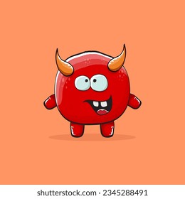 Vector cartoon funny red monster with horn isolated on orange background. Smiling silly blue funky monster print sticker design template. Pink Ghost, troll, gremlin, goblin, devil and monster