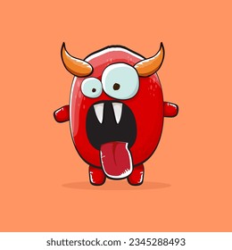 Vector cartoon funny red monster with horn isolated on orange background. Smiling silly blue funky monster print sticker design template. Pink Ghost, troll, gremlin, goblin, devil and monster