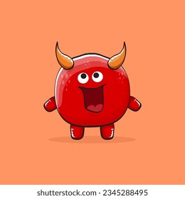 Vector cartoon funny red monster with horn isolated on orange background. Smiling silly blue funky monster print sticker design template. Pink Ghost, troll, gremlin, goblin, devil and monster