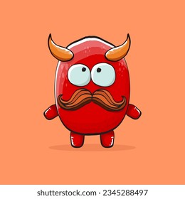 Vector cartoon funny red monster with horn isolated on orange background. Smiling silly blue funky monster print sticker design template. Pink Ghost, troll, gremlin, goblin, devil and monster