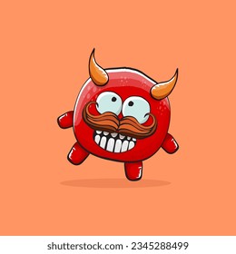 Vector cartoon funny red monster with horn isolated on orange background. Smiling silly blue funky monster print sticker design template. Pink Ghost, troll, gremlin, goblin, devil and monster