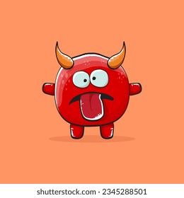 Vector cartoon funny red monster with horn isolated on orange background. Smiling silly blue funky monster print sticker design template. Pink Ghost, troll, gremlin, goblin, devil and monster